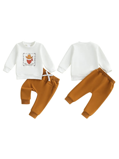 Toddler Cowboy Style Outfit Set with Printed Hat Long Sleeve Sweatshirt and Elastic Pants for Baby Boys - 2 Piece Western
