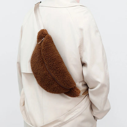 Unisex Fuzzy Crossbody Bag Zipper Closure Solid Shoulder Bag Multifunctional  Foldable Lightweight Autumn Winter Daily Bag