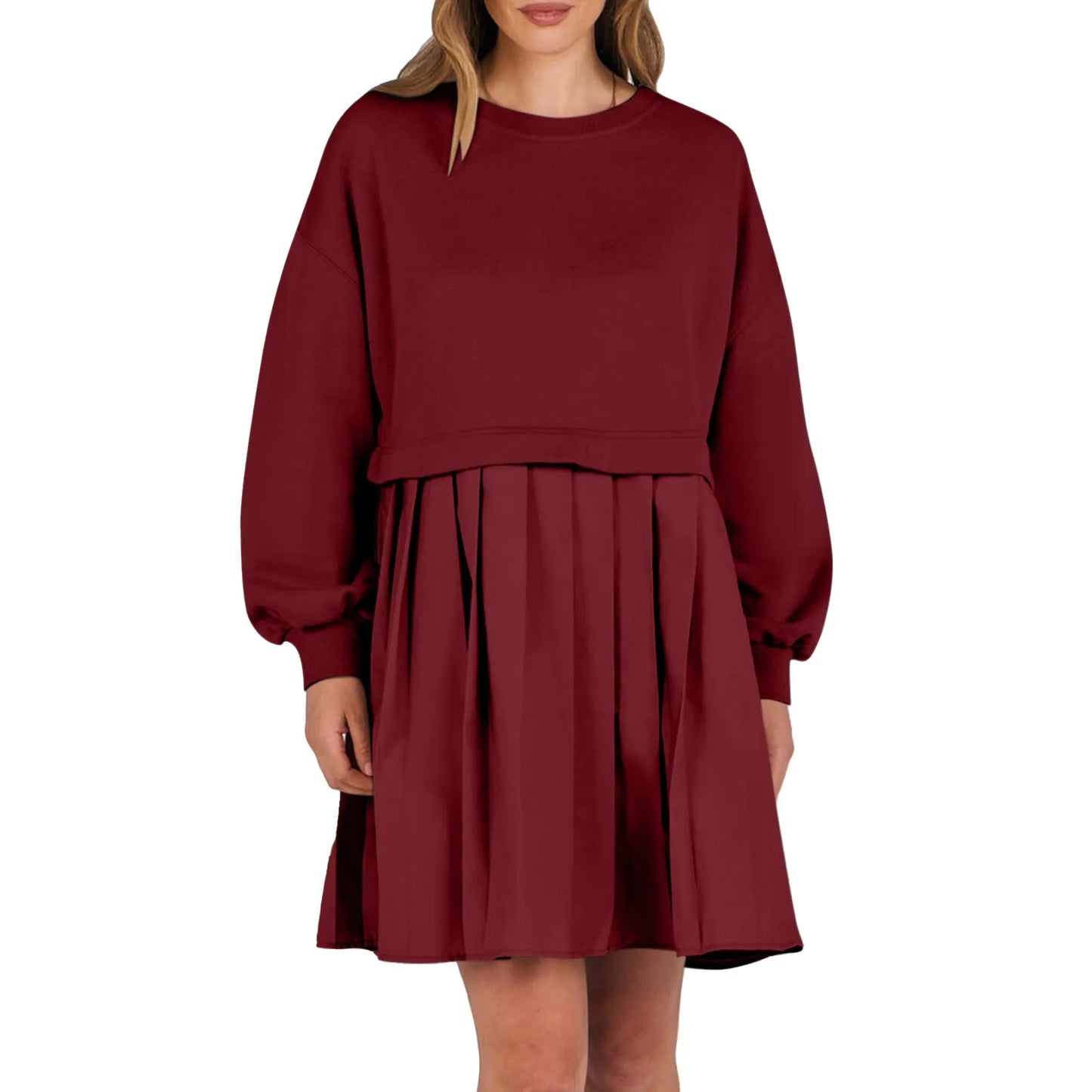 Women Sweatshirt Dress Long Sleeve Crewneck Pullover Loose Fit Tops Pleated Sweatshirts Dresses