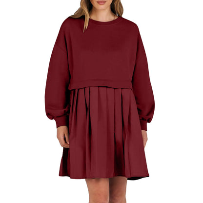 Women Sweatshirt Dress Long Sleeve Crewneck Pullover Loose Fit Tops Pleated Sweatshirts Dresses