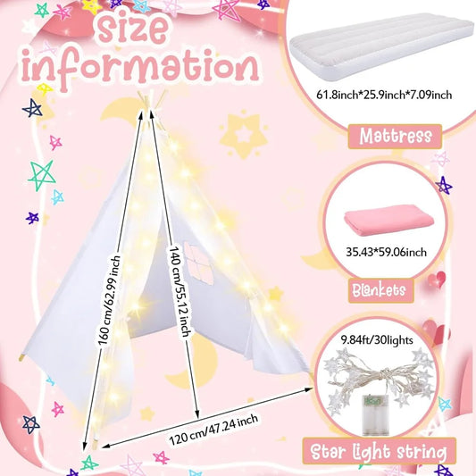 4 Pack Kids Teepee Tent Bulk with Light and Inflatable Airbed, Natural Cotton  Washable