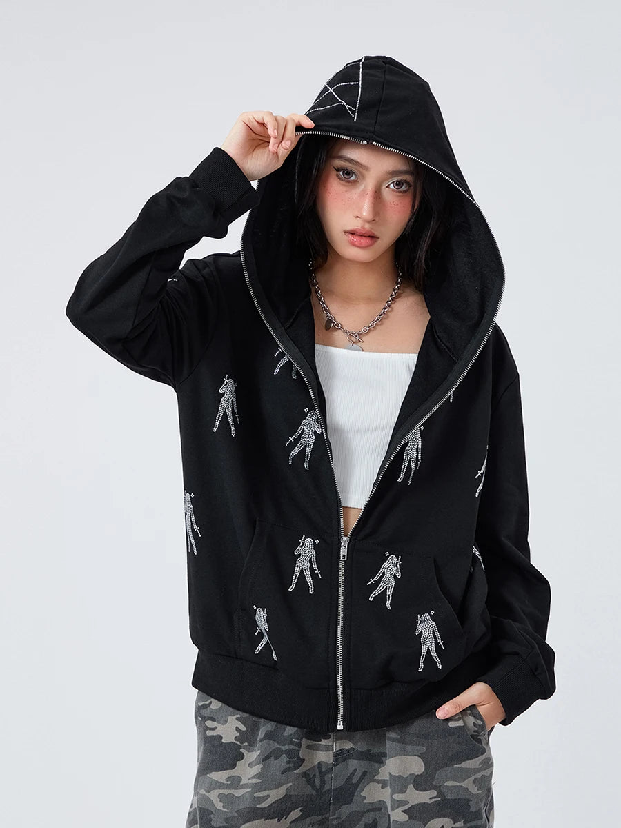 Women s Hoodie Coat Rhinestone Print Long Sleeve Zipper Sweatshirt