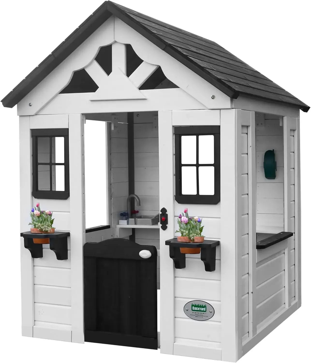 All Cedar White Outdoor Wooden Playhouse, Sink, Stove, Windows, Kitchen with Pot and Pans