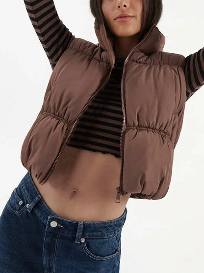 Women s Winter Quilted Waistcoat Solid Color Lightweight Zip Stand Collar Winter Vest Sleeveless Jacket