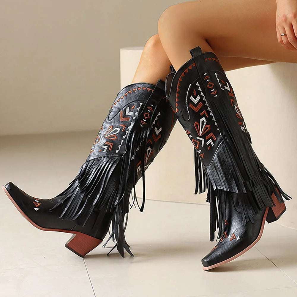 Retro Tassel Embroidered Cowgirl Mid-Calf Women Western Boots Pointed Toe Chunky High Heel