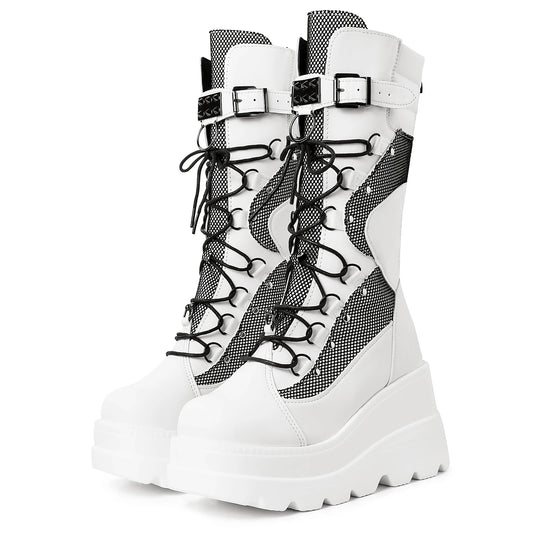 Women Goth Combat Boots Casual Wear Fashion Footwear with Lace-Up & Zipper