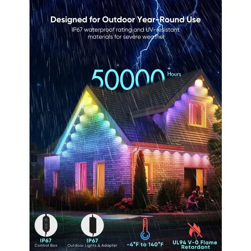Outdoor Lights 200ft,Lights with 144 LED Lights, Dual Lens, Cuttable, 111 Scene Modes