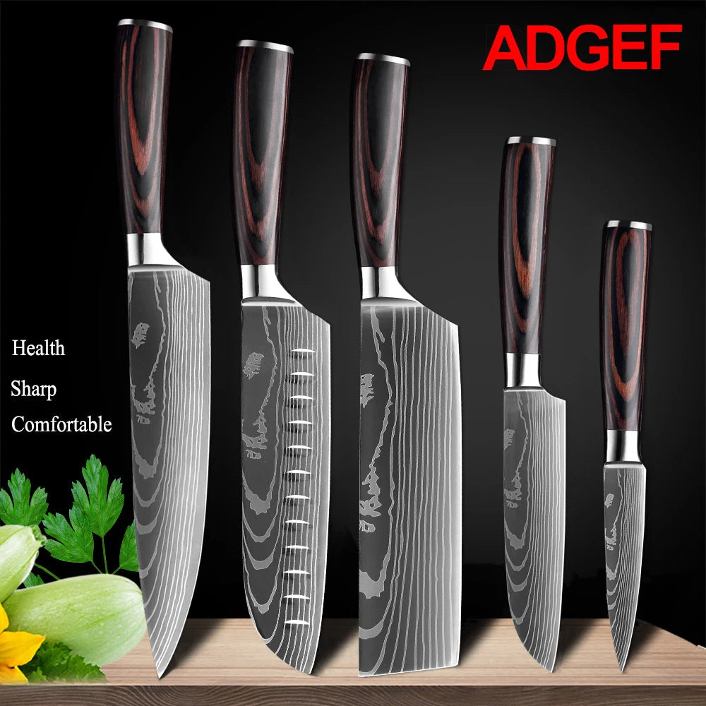 Kitchen Knives Set Laser Damascus Pattern Chef Knife Sharp Cleaver Slicing Utility Knives Tools