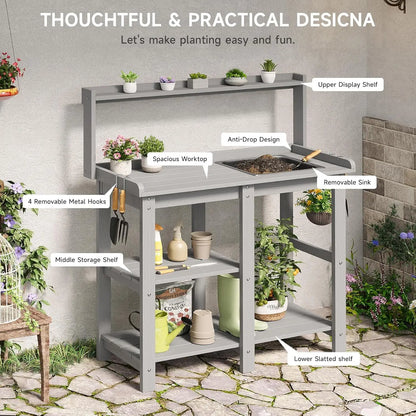 Potting Bench, Outdoor  Table with Removable Sink, with Storage Shelves 360lbs Capacity