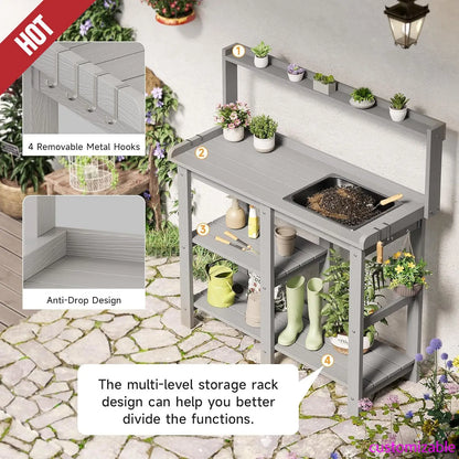 Potting Bench, Outdoor  Table with Removable Sink, with Storage Shelves 360lbs Capacity