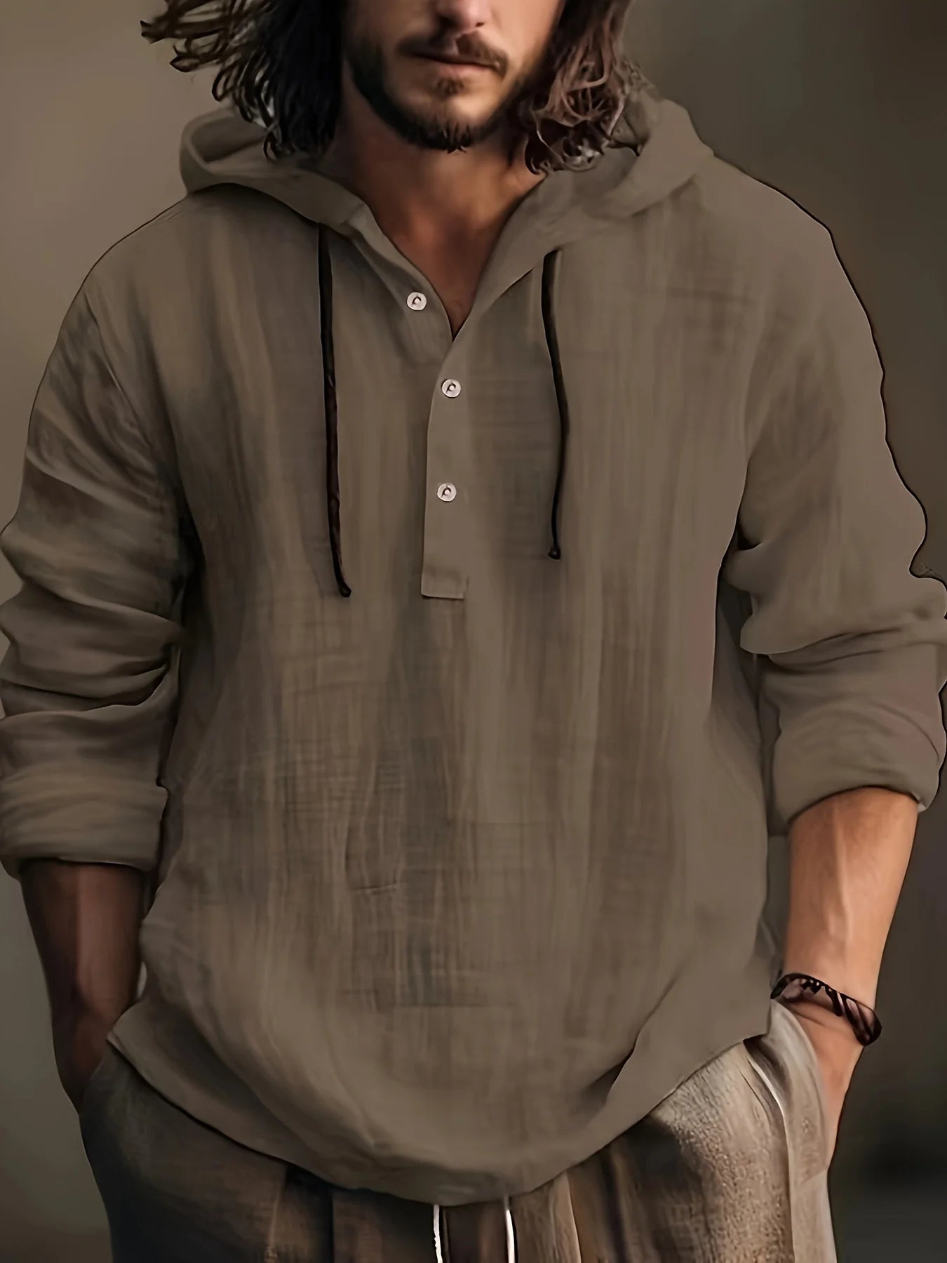Men's cotton and linen shirt with hooded sweatshirt long sleeve casual and comfortable daily wear