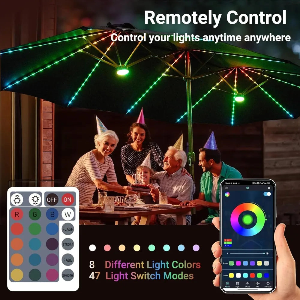 Outdoor Patio Umbrella With Solar Light,15 Ft Sunshade W Base 156 Colorful LED