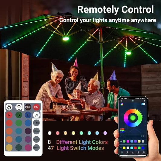 Outdoor Patio Umbrella With Solar Light,15 Ft Sunshade W Base 156 Colorful LED