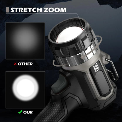 Compact Rechargeable Spotlight with Adjustable Focus, 1400 Lumens Handheld with Stand, 823m Range, 3 Light Modes