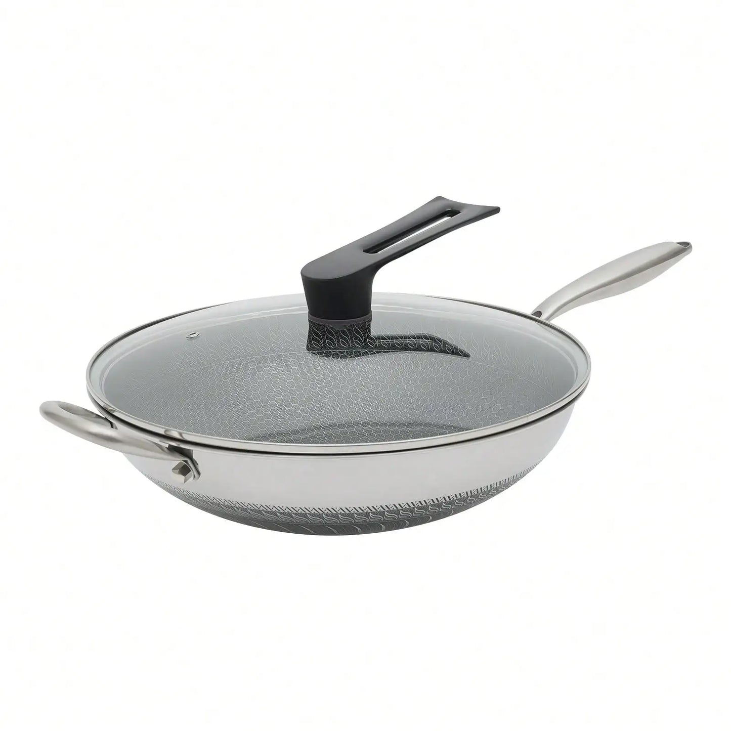 Stainless Steel Frying Pan W/Lid 13.4In W/ Nonstick Honeycomb Coating Large Skillet For Cooking, Gas Stove