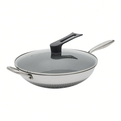 Stainless Steel Frying Pan W/Lid 13.4In W/ Nonstick Honeycomb Coating Large Skillet For Cooking, Gas Stove