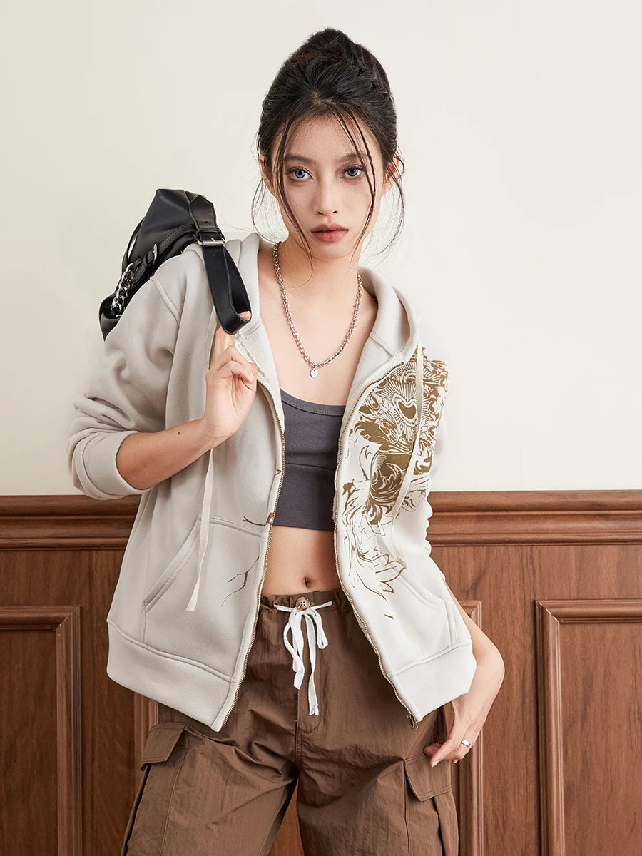 Women Hoodie Vintage Long Sleeve Graphic Print Zipper Closure Sweatshirt with Pockets