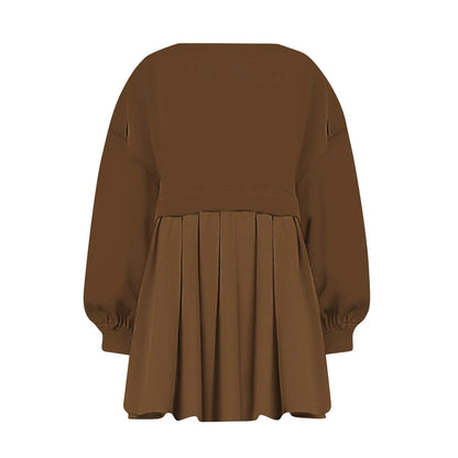 Women Sweatshirt Dress Long Sleeve Crewneck Pullover Loose Fit Tops Pleated Sweatshirts Dresses