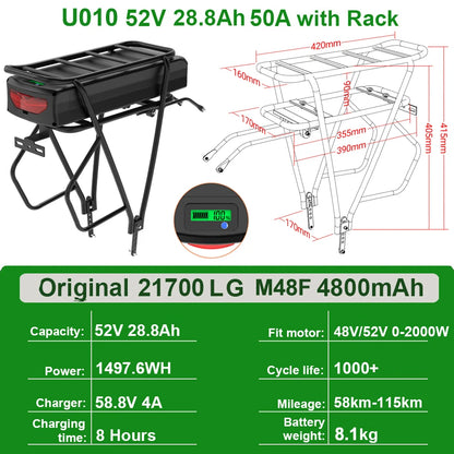 Rear Rack eBike Battery 52V 48V 27Ah 72V 20Ah with Rack no Rack Optional for 1500W 1000W 750W 500W 24"-28 inch