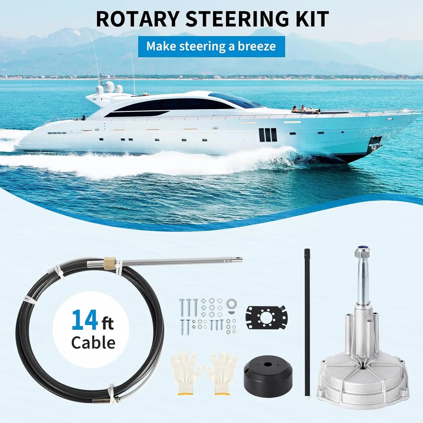 14 Feet Cable Outboard Steering Kit 3/4" Standard Tapered Shaft for Yachts, Fishing Boats