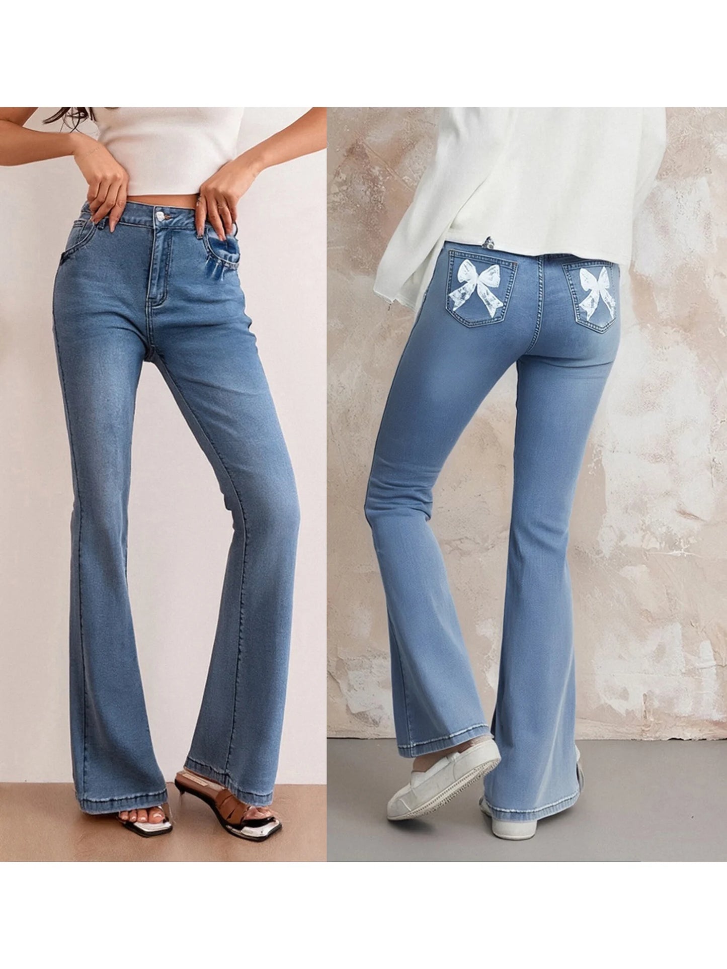 Women s High Waist Flare Jeans with Embroidered Floral Detailing Vintage Bell Bottom Denim Pants Stylish Long Trousers