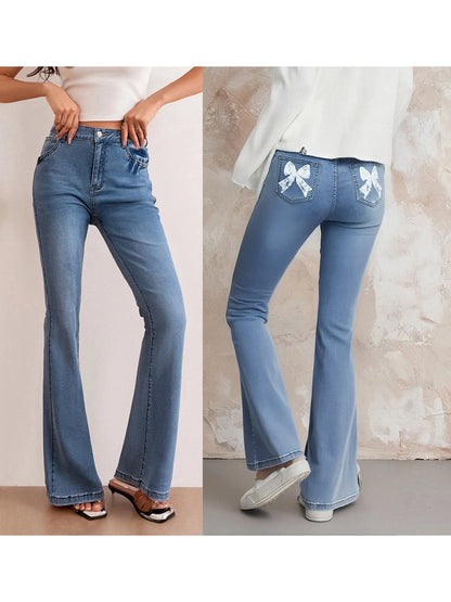 Women s High Waist Flare Jeans with Embroidered Floral Detailing Vintage Bell Bottom Denim Pants Stylish Long Trousers