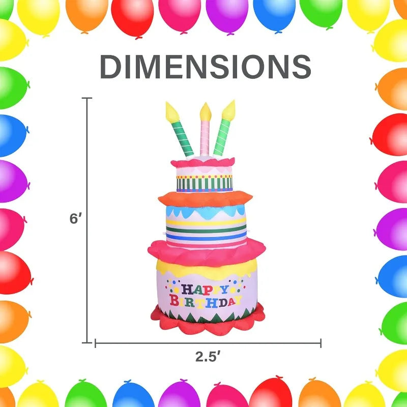6-Ft. Inflatable Happy Birthday Cake With Lights, Outdoor Blow-Up Festive Celebration Party Decor With Blower,