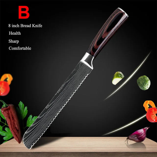 Kitchen Knives Set Laser Damascus Pattern Chef Knife Sharp Cleaver Slicing Utility Knives Tools