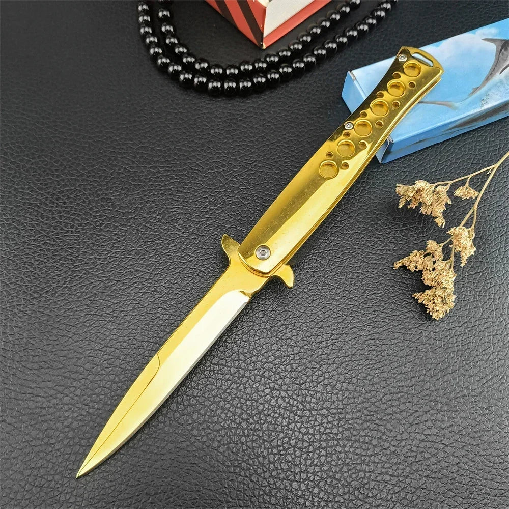 Folding Golden Portable  Knife  Steel Handle Tactical HuntingPocket Knives