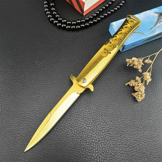 Folding Golden Portable  Knife  Steel Handle Tactical HuntingPocket Knives