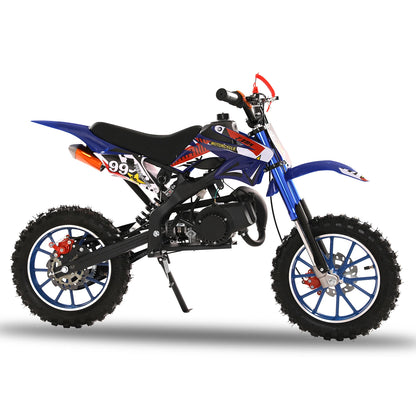 49cc 2-Stroke Dirt Bike, Gas Power Motocross, Off Road Mini Motorcycle with Front Rear Disc Brakes, Max Speed 40KM/H (Blue)