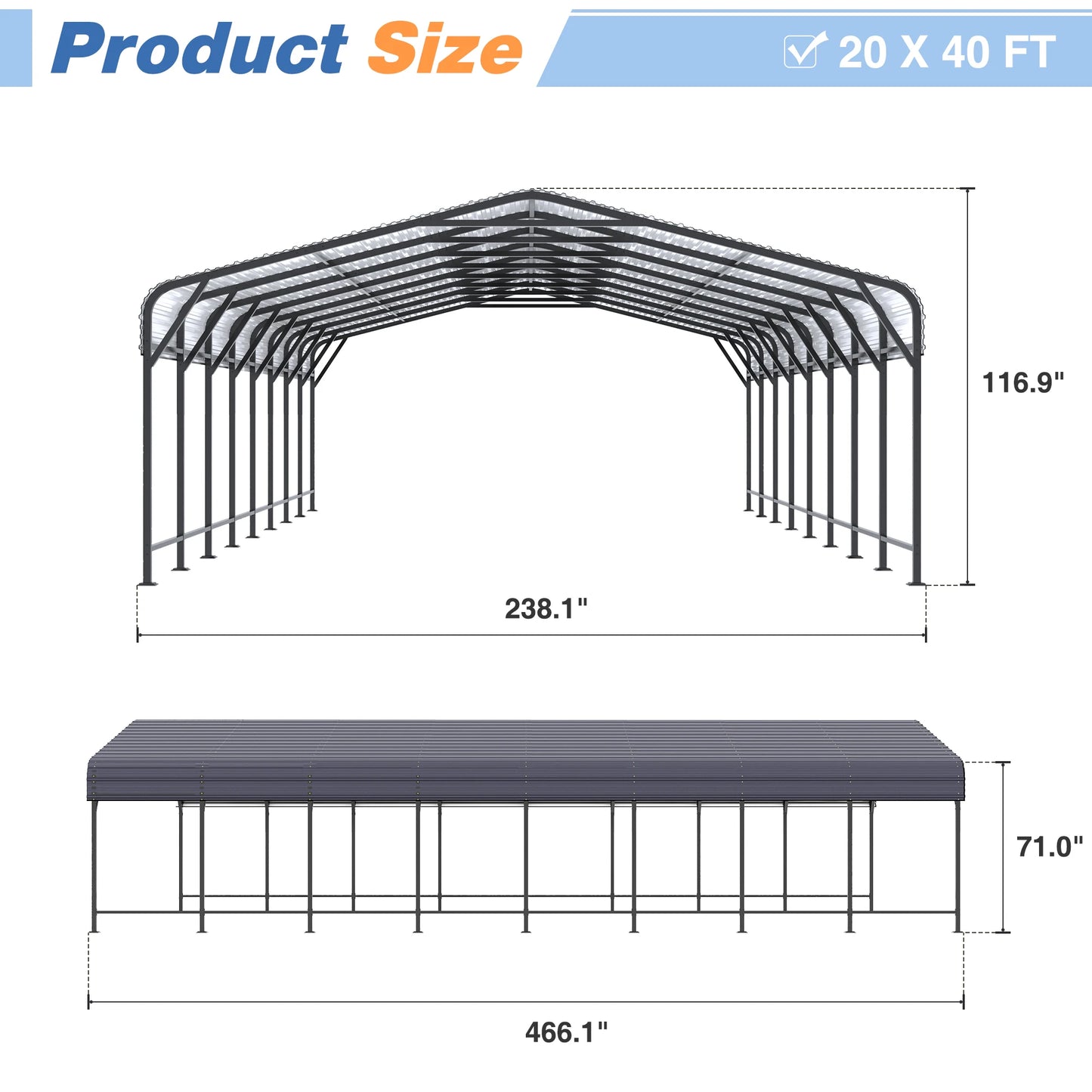 20x20/20x30/20x40FT Metal Carport with Enhanced Base Outdoor Heavy Duty Galvanized Car Shelter