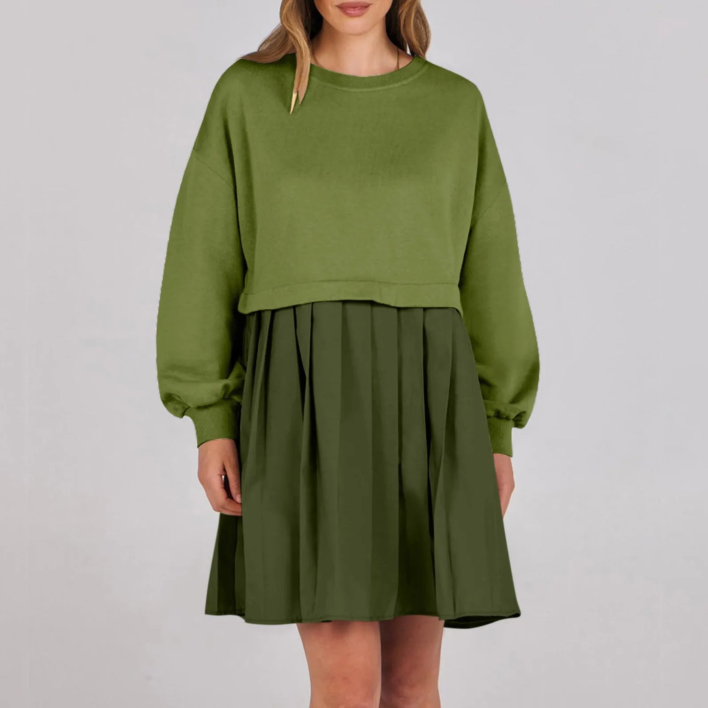 Women Sweatshirt Dress Long Sleeve Crewneck Pullover Loose Fit Tops Pleated Sweatshirts Dresses