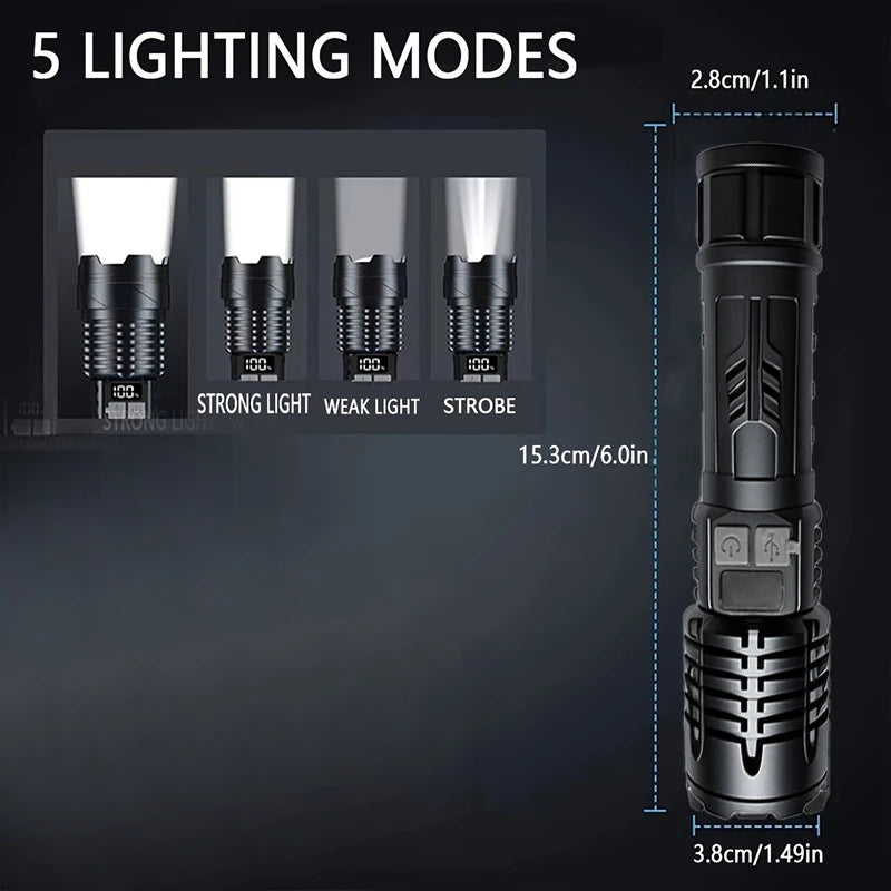High Lumen Waterproof Tactical Flashlight - 5 Modes, Rechargeable, Durable Camping, Emergency