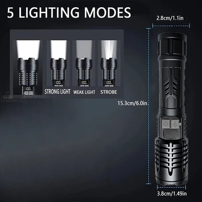 High Lumen Waterproof Tactical Flashlight - 5 Modes, Rechargeable, Durable Camping, Emergency