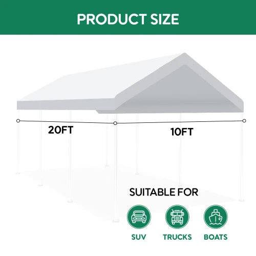 10 x 20 foot carport replacement canopy with 36 ball bungee cords, heavy-duty waterproof, UV resistant, and tear resistant,white