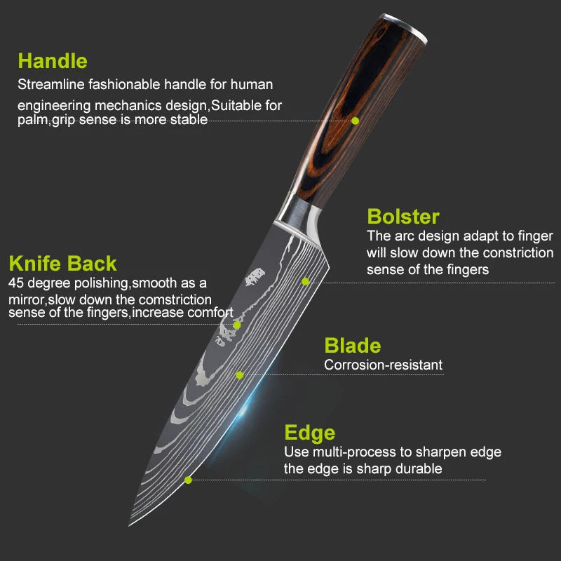 Kitchen Knives Set Laser Damascus Pattern Chef Knife Sharp Cleaver Slicing Utility Knives Tools