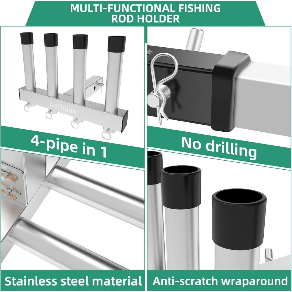 Stainless Steel Fishing Rod Holder 4 Link Tubes, 2" Trailer Hitch Receiver