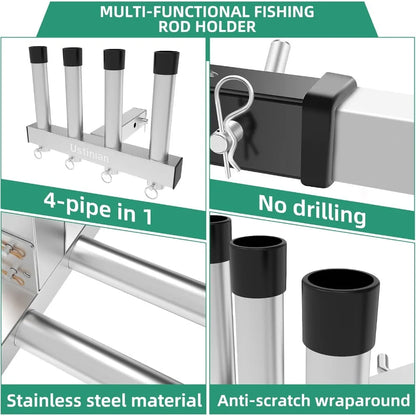 Stainless Steel Fishing Rod Holder 4 Link Tubes, 2" Trailer Hitch Receiver