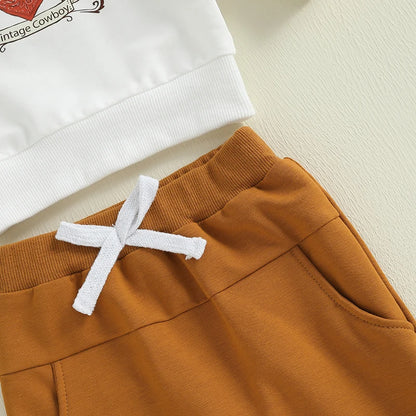 Toddler Cowboy Style Outfit Set with Printed Hat Long Sleeve Sweatshirt and Elastic Pants for Baby Boys - 2 Piece Western