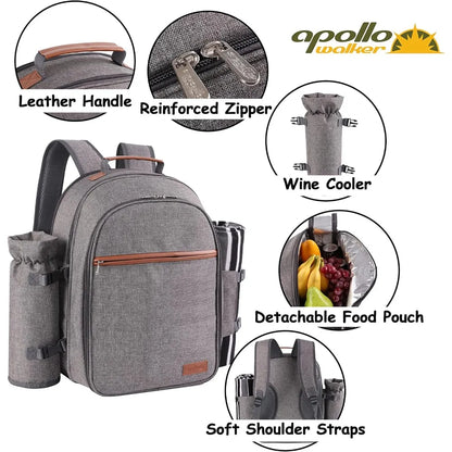 Picnic Backpack Set for 2 Person with Cooler Compartment, Detachable Bottle/Wine Holder, Fleece Blanket, Plates