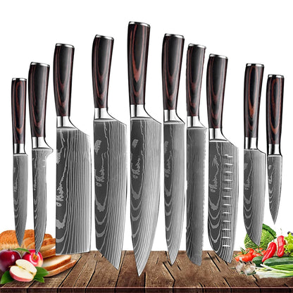 Kitchen Knives Set Laser Damascus Pattern Chef Knife Sharp Cleaver Slicing Utility Knives Tools