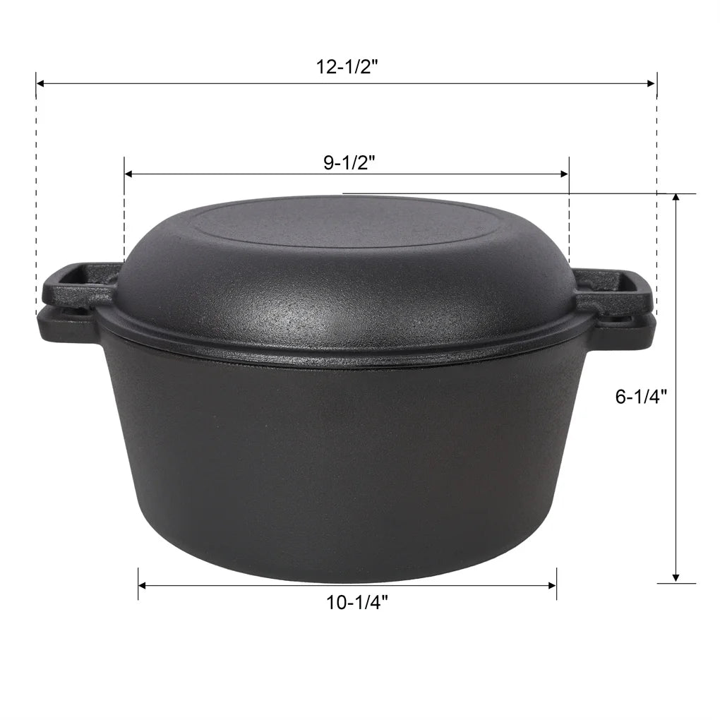 2 in 1 Pre-Seasoned Cast Iron Dutch Oven With Dual Handles,