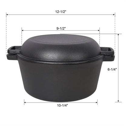 2 in 1 Pre-Seasoned Cast Iron Dutch Oven With Dual Handles,