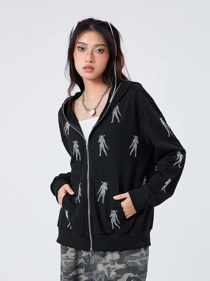 Women s Hoodie Coat Rhinestone Print Long Sleeve Zipper Sweatshirt