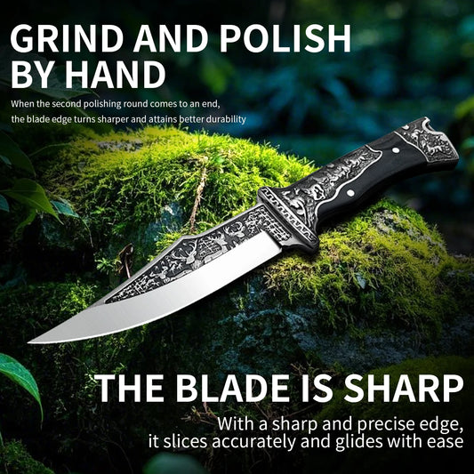 High Quality Steel Hunting Knife, Outdoor Survival Knife, Rubber Anti Slip Handle, Equipped with Leather Case