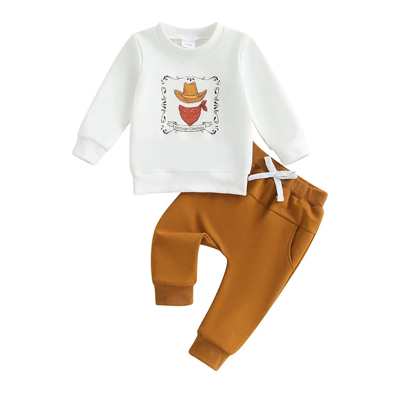 Toddler Cowboy Style Outfit Set with Printed Hat Long Sleeve Sweatshirt and Elastic Pants for Baby Boys - 2 Piece Western