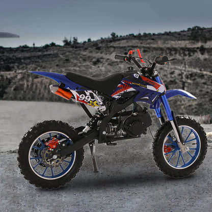 49cc 2-Stroke Dirt Bike, Gas Power Motocross, Off Road Mini Motorcycle with Front Rear Disc Brakes, Max Speed 40KM/H (Blue)