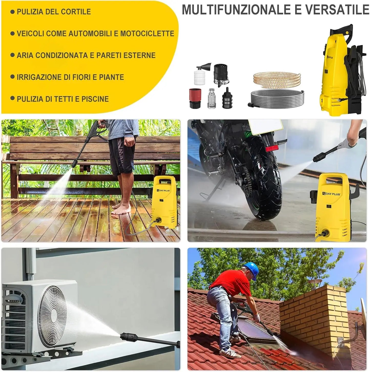 Electric High Pressure Washer 1600W,Adjustable Lance from 0 to 180°,7m Flexible Hose.