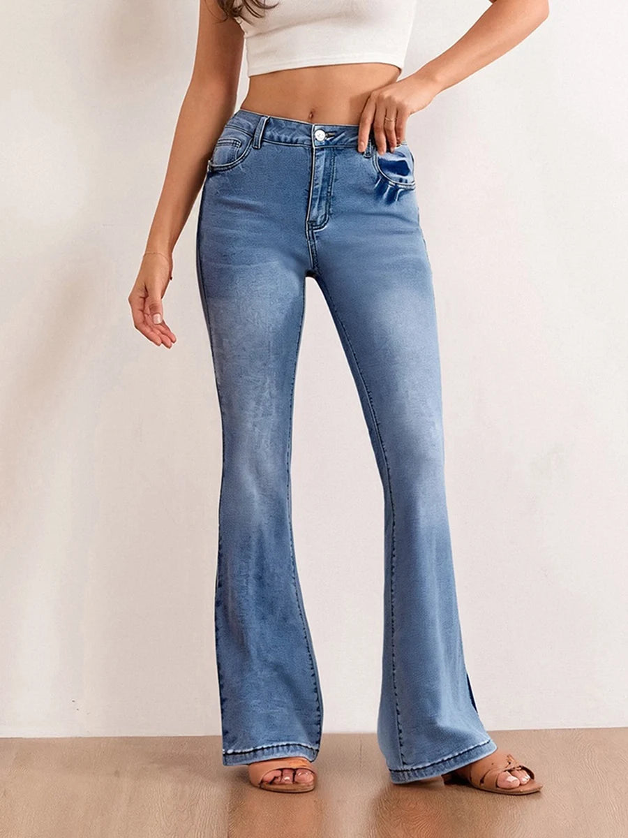 Women s High Waist Flare Jeans with Embroidered Floral Detailing Vintage Bell Bottom Denim Pants Stylish Long Trousers
